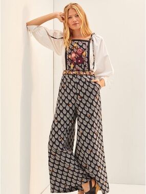 Anthropologie Black Cross Stitch Embroidered Wide Leg Jumpsuit Boho Size 2